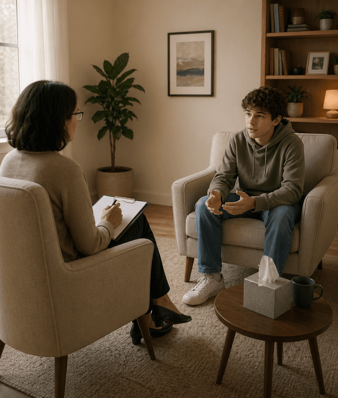 Sketch of a young person talking to a therapist representing an adolescent therapy session