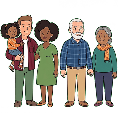 Cartoon image of an adult and two seniors