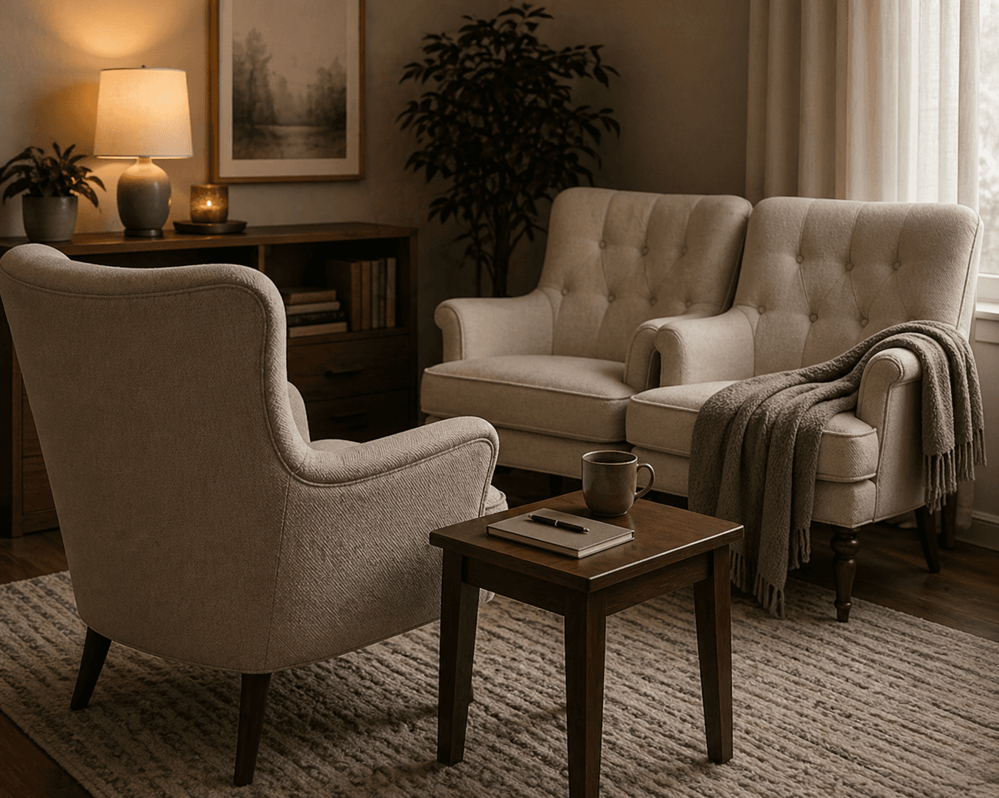 Sketch of two chairs facing a third chair representing a couple's therapy session