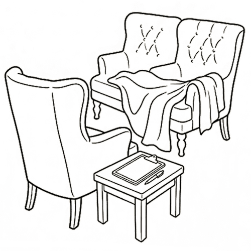Sketch of two chairs facing a third chair representing a couple's therapy session
