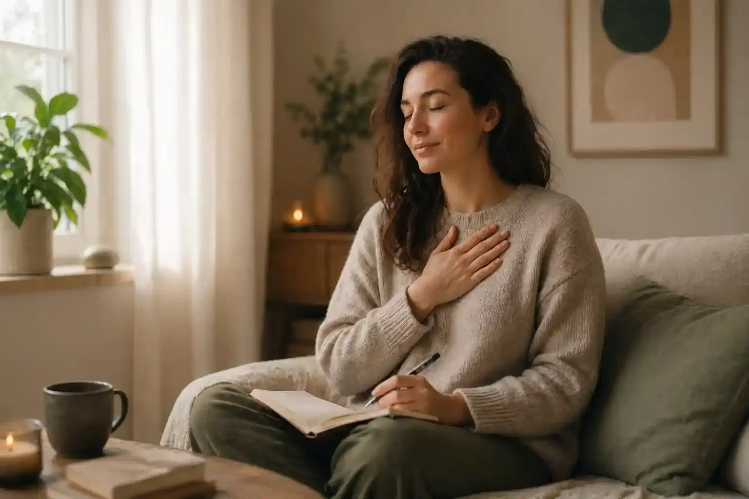 A woman seated on a couch journalling