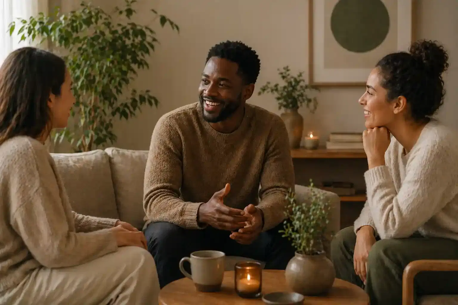 Three people seated in a living room having a warm discussion
