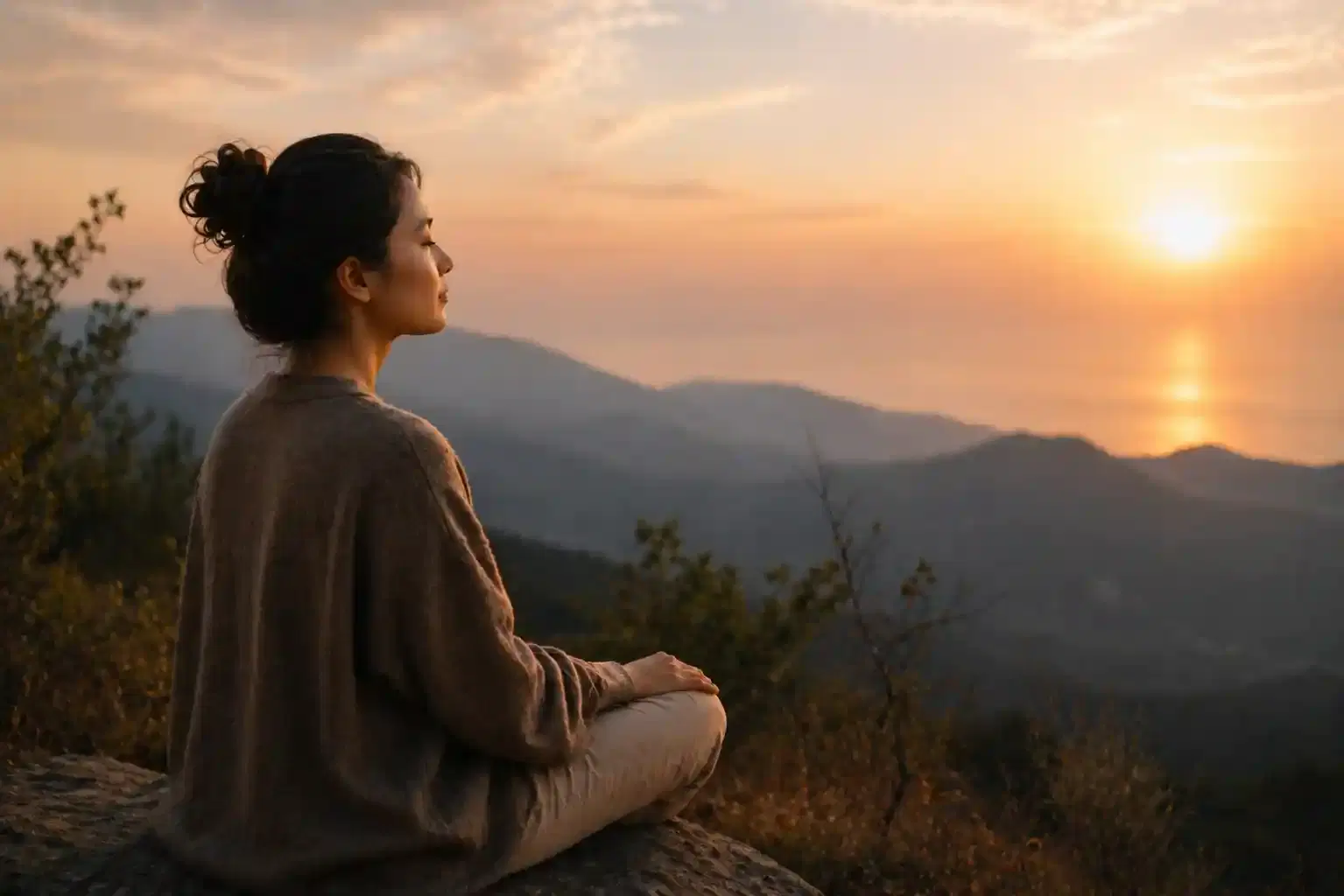 A woman sitting on a mountain top feeling the sunlight on her skin