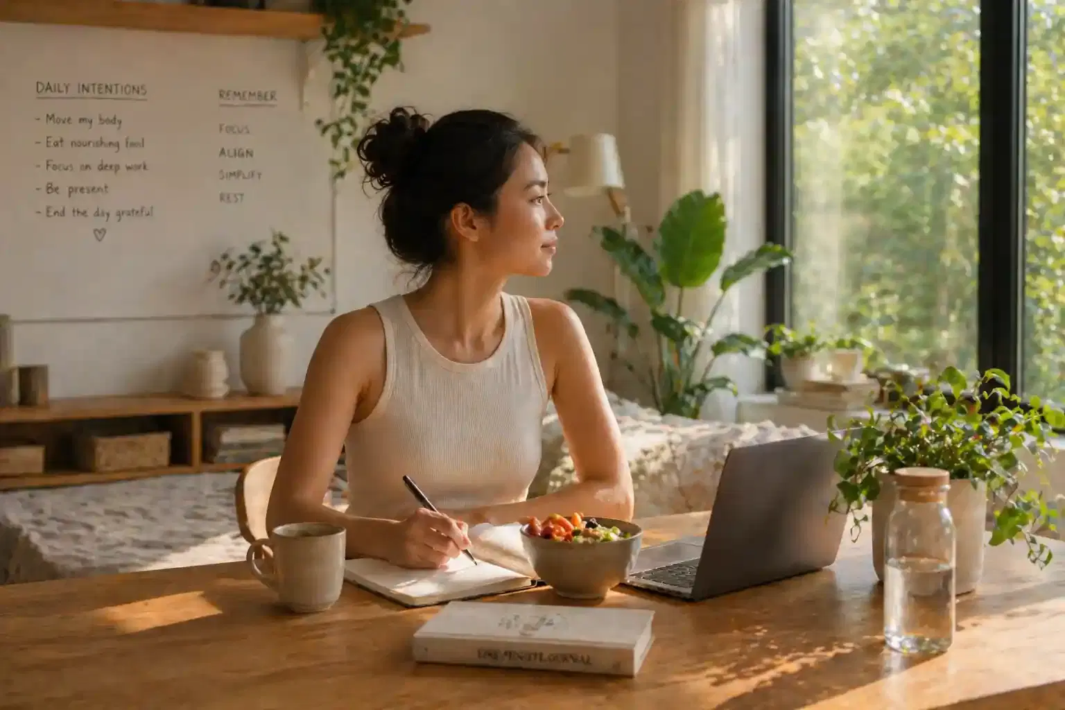 A woman at a kitchen table with a cup of coffee in front of a laptop