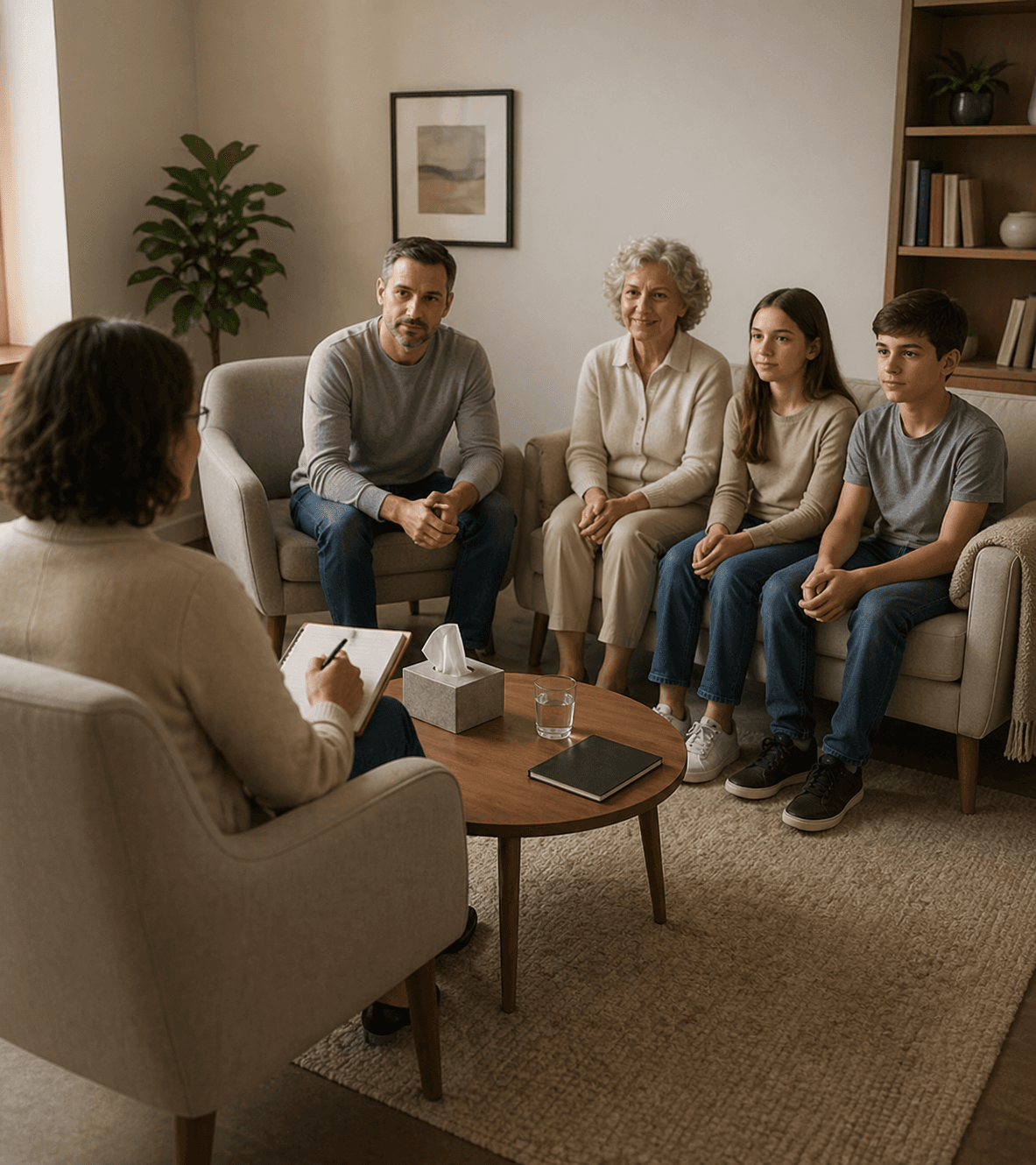 Sketch of a family in a therapist's office representing a family therapy session