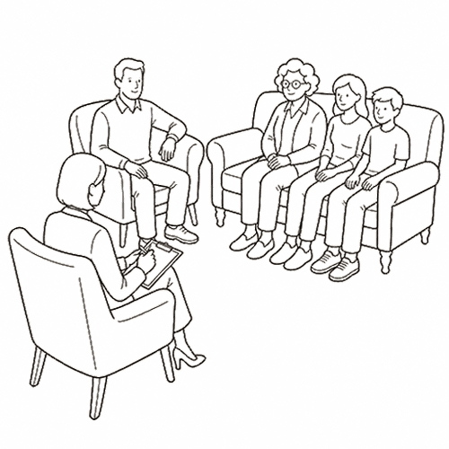 Sketch of a family in a therapist's office representing a family therapy session