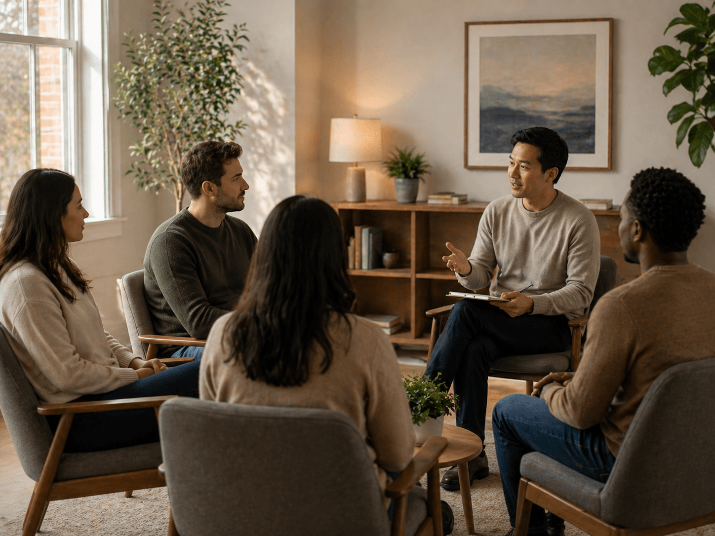 Sketch of people sitting in a circle representing a group therapy session