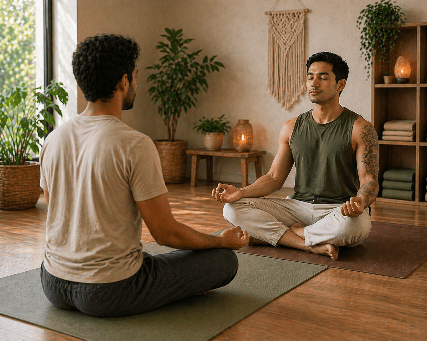 Sketch of two figures facing each other on a yoga mat representing a minful yoga session