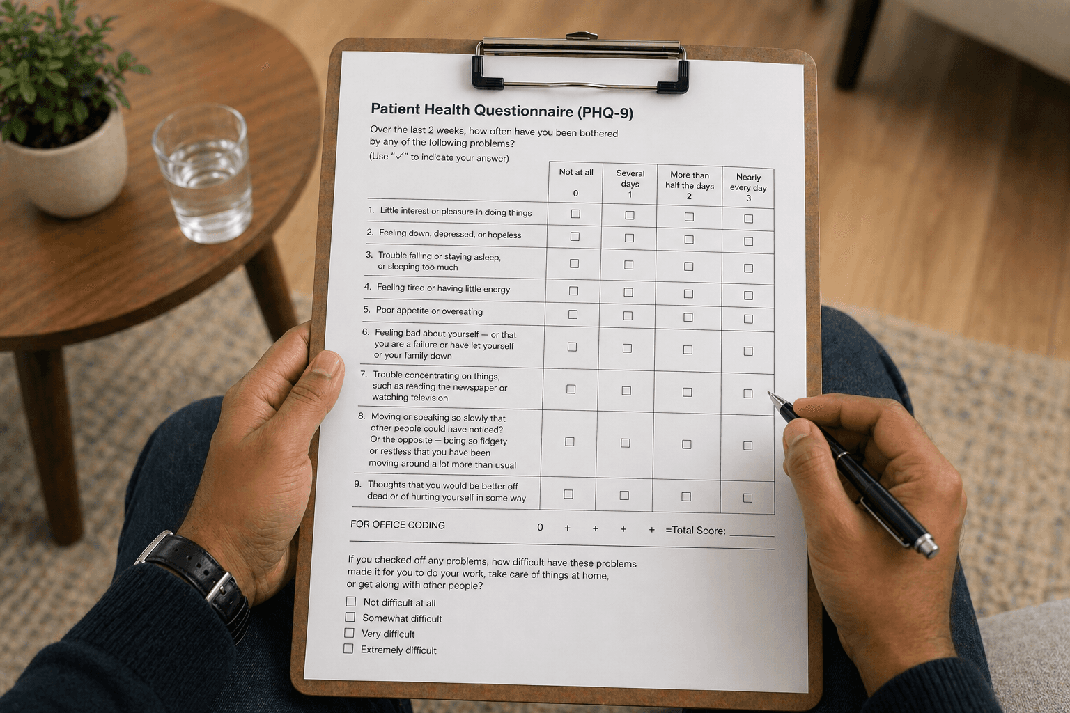Sketch of a clipboard in a therapist's hands representing a psychological screen test