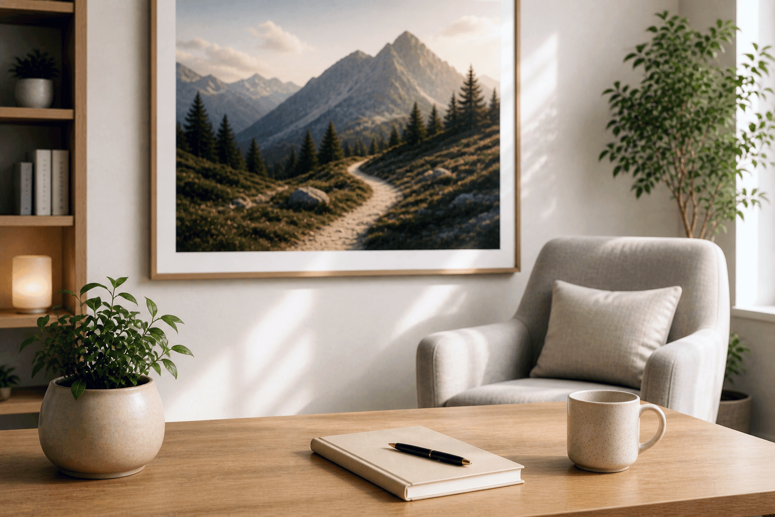 Therapy office desk with mountain artwork