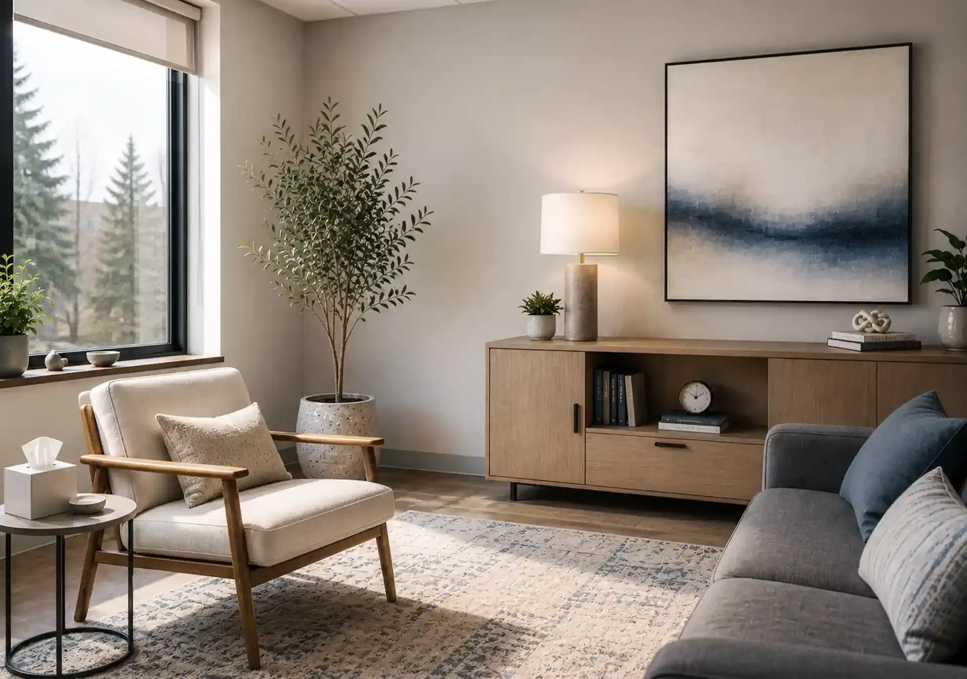 Image of a peaceful therapist office with sunlight coming in through the window
